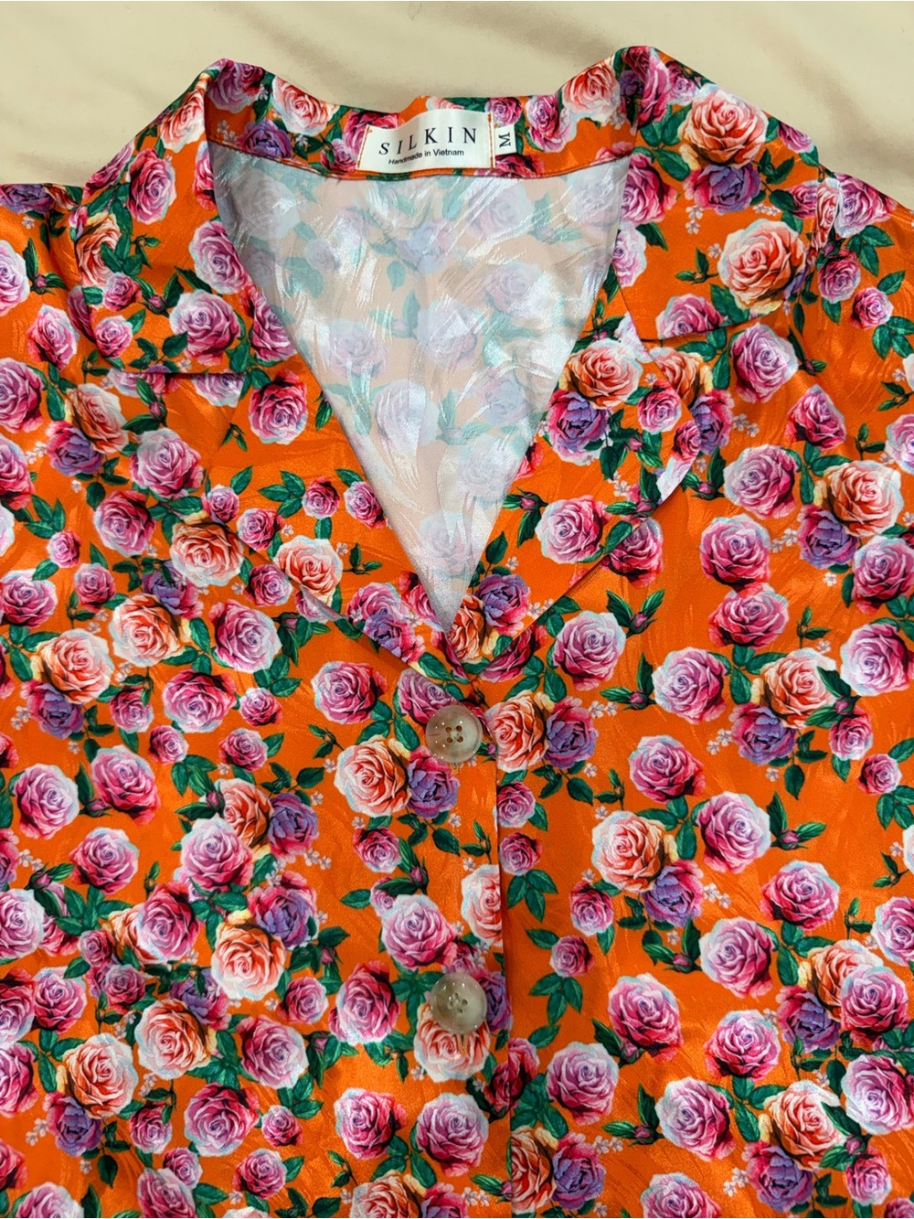 Washable Silk Floral Pajama Set in Orange with Pink Purple Roses
